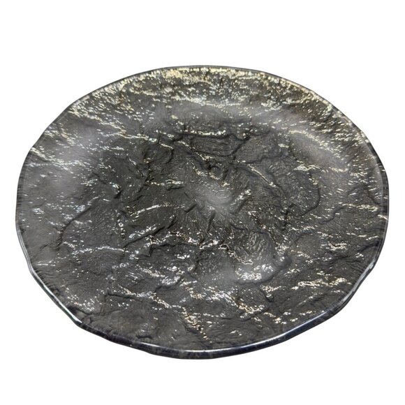 Vintage JSG Oceana Art Glass Metallic Black Texture Glass Dish Plate 9inch Wide - Picture 1 of 14